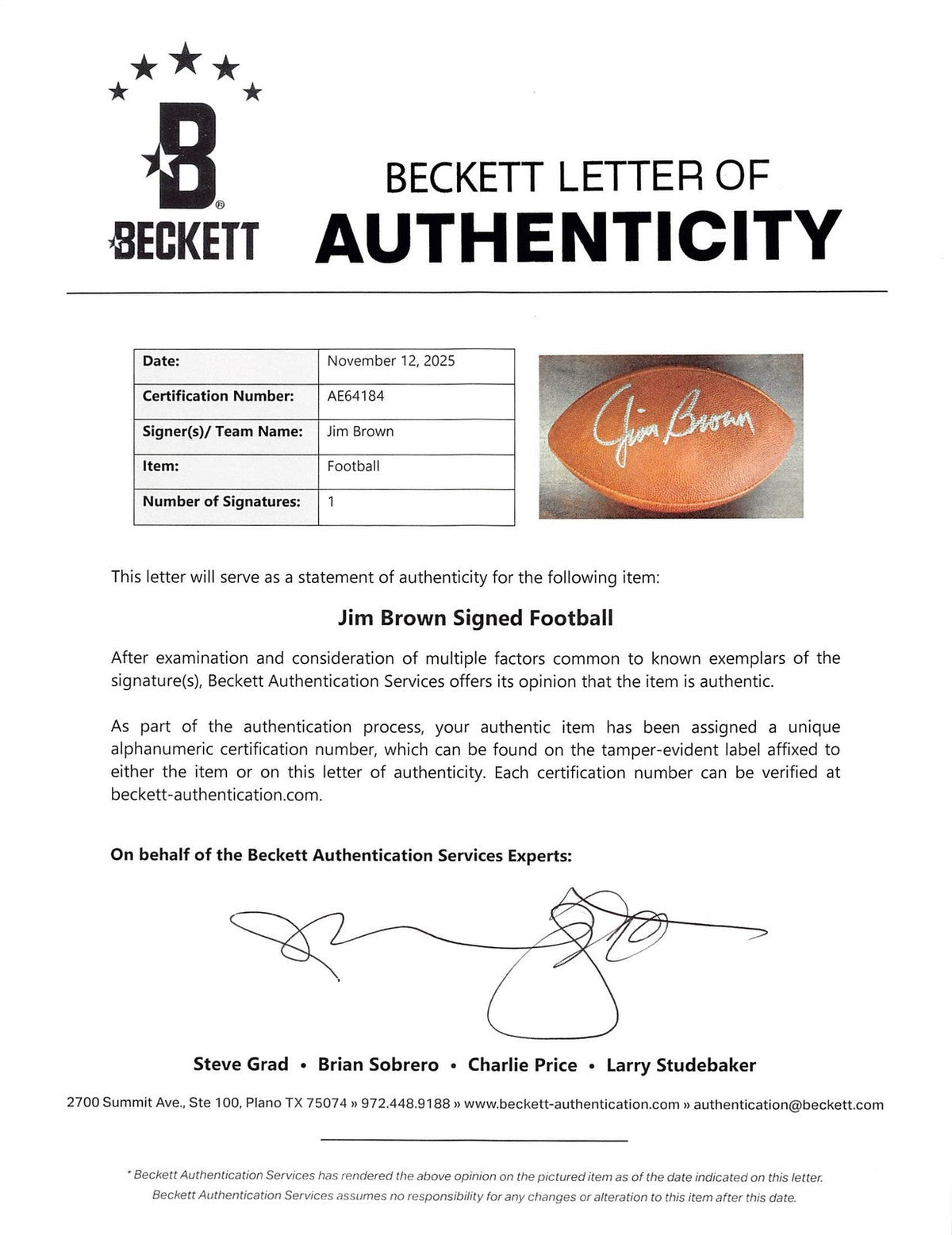 Browns Jim Brown Authentic Signed Official Wilson Nfl Football BAS #AE64184