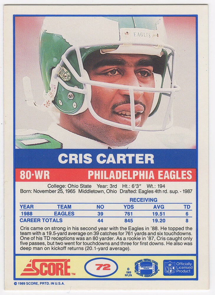 Cris Carter Signed 1989 Score Football Rookie Card #72 w/TD's INSC - (SS COA)