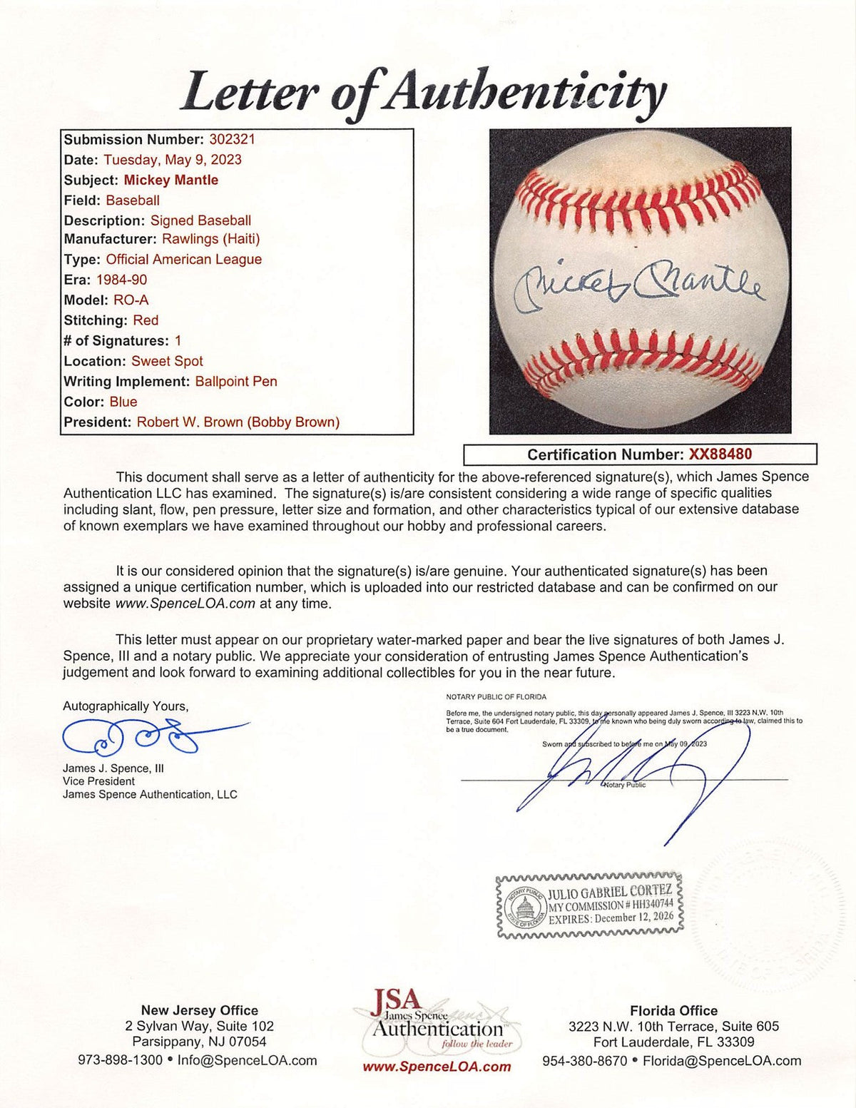 Yankees Mickey Mantle Authentic Signed Bobby Brown OAL Baseball JSA #XX88480