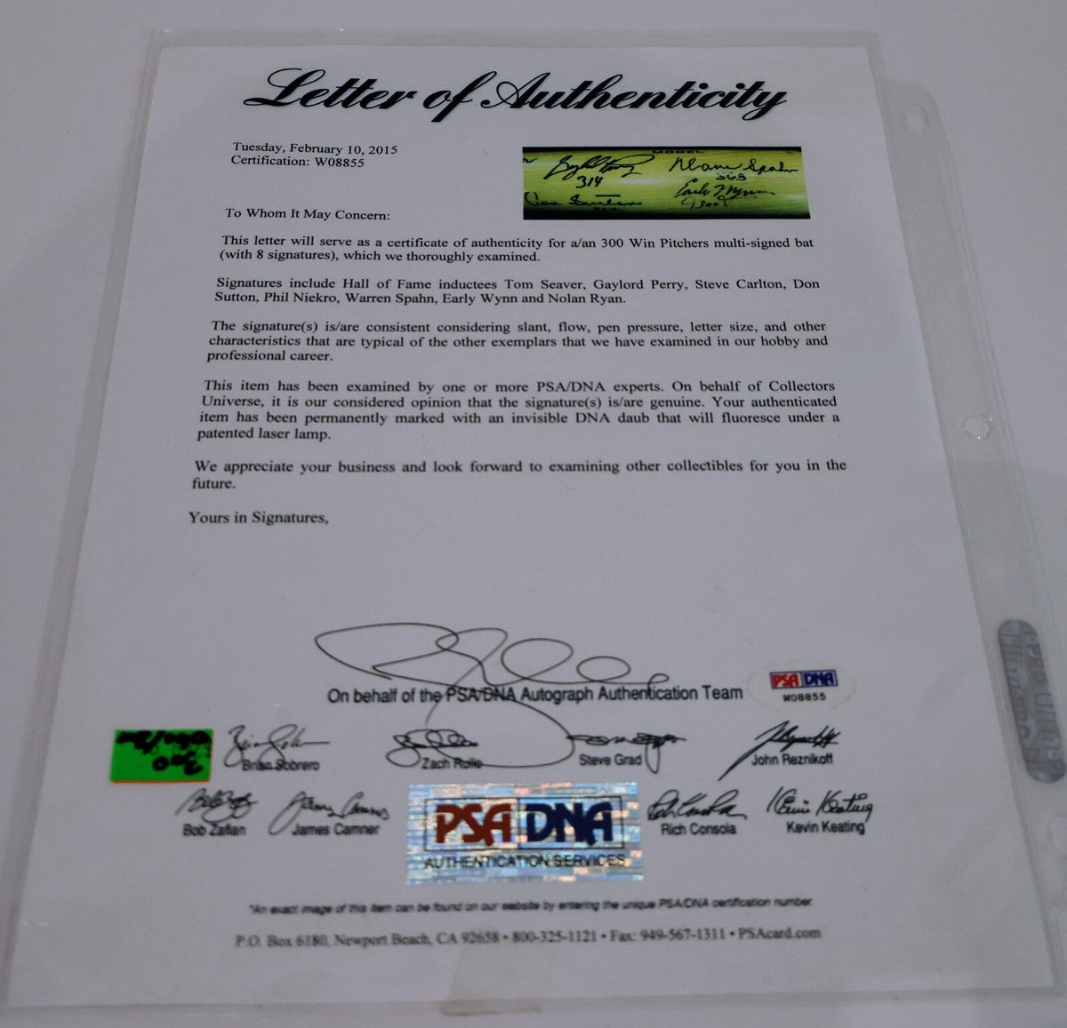Nolan Ryan, Tom Seaver, Steve Carlton, Phil Niekro... 8x Signed Bat PSA/DNA LOA