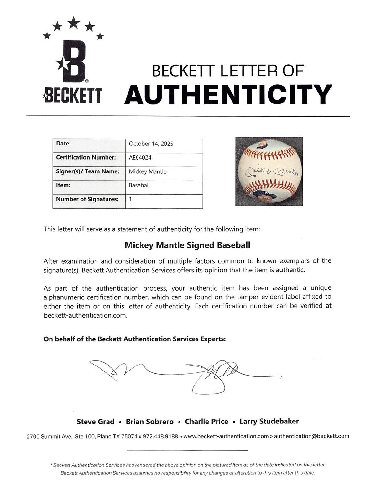 Yankees Mickey Mantle Signed Jolene Jessie Painted OAL Baseball LE #7/9 BAS LOA