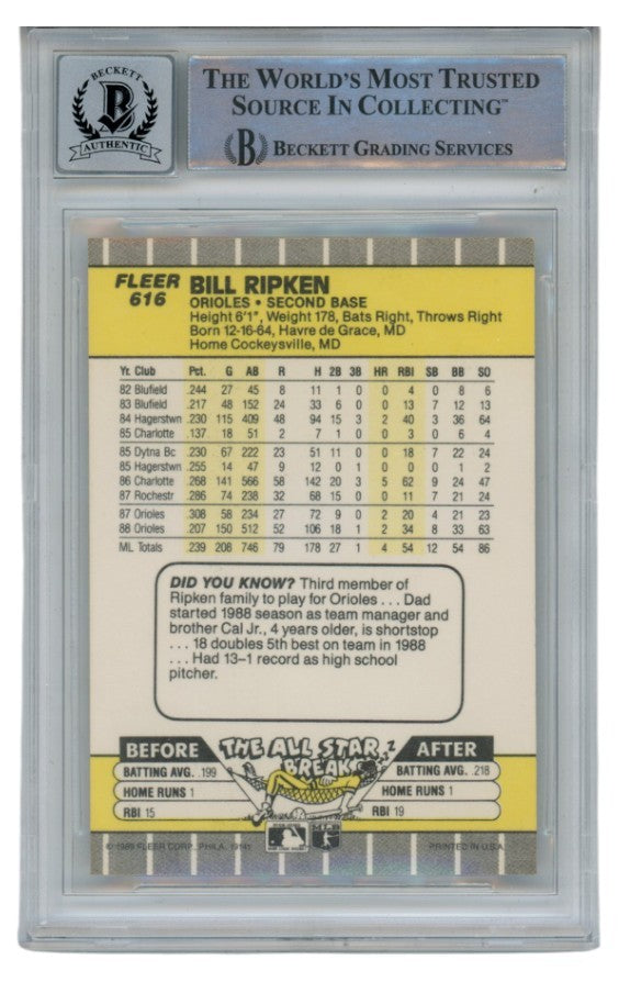 Billy Ripken Autographed 1989 Fleer #616 Error Card 10 Grade Beckett 52520