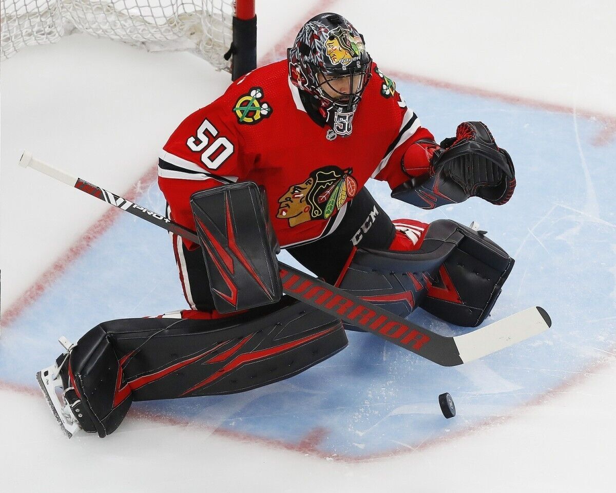 Corey Crawford Signed Blackhawks 35x43 Framed Jersey (JSA COA) 2XCup Champion