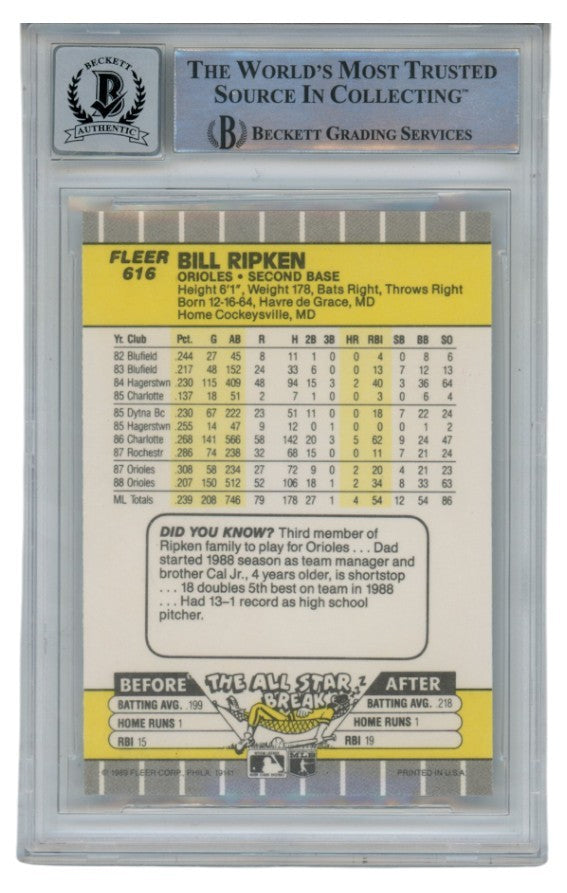 Billy Ripken Autographed 1989 Fleer #616 Error Card 10 Grade Beckett 52511