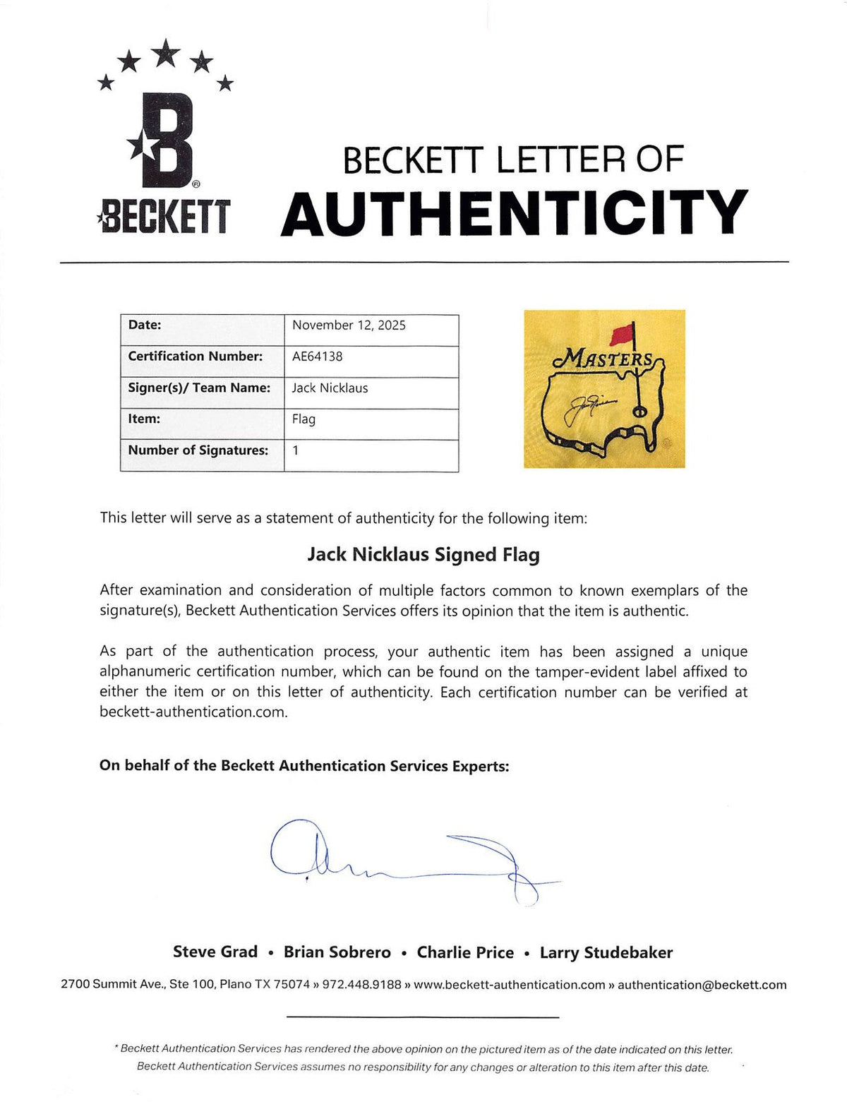 Jack Nicklaus Authentic Signed Undated Yellow Masters Pin Flag BAS LOA