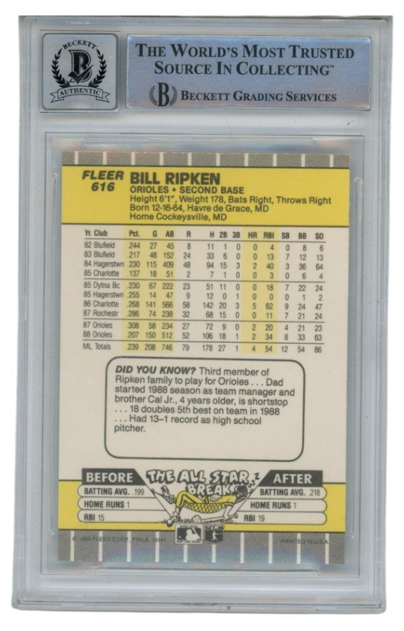 Billy Ripken Autographed 1989 Fleer #616 Error Card 10 Grade Beckett 52535