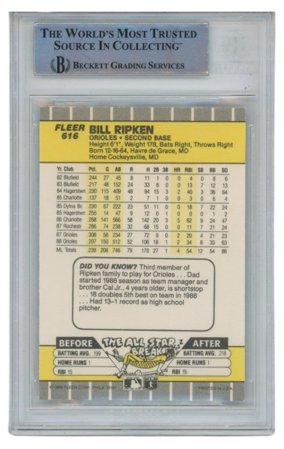 Billy Ripken Autographed 1989 Fleer #616 Error Trading Card Slab Beckett 52691