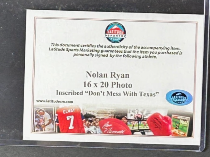 Nolan Ryan Autographed/Inscribed "Don't Mess with Texas" 16x20 Photo Tri-Star