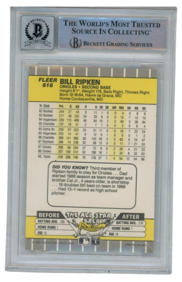 Billy Ripken Autographed 1989 Fleer #616 Error Card 10 Grade Beckett 52559