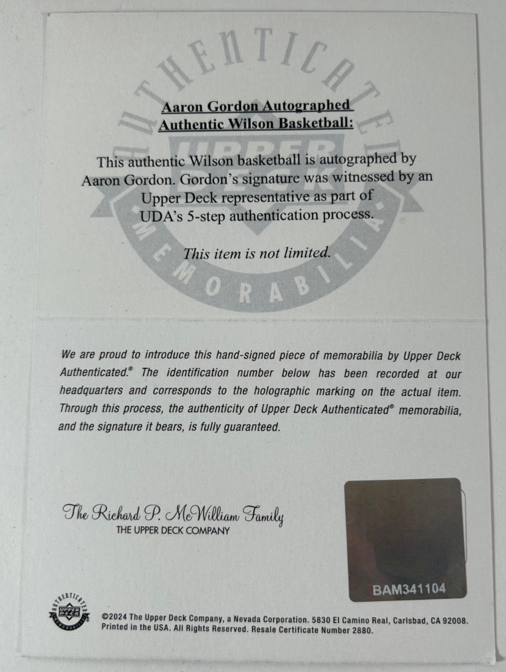 Aaron Gordon Autographed NBA I/O Basketball Upper Deck Authenticated
