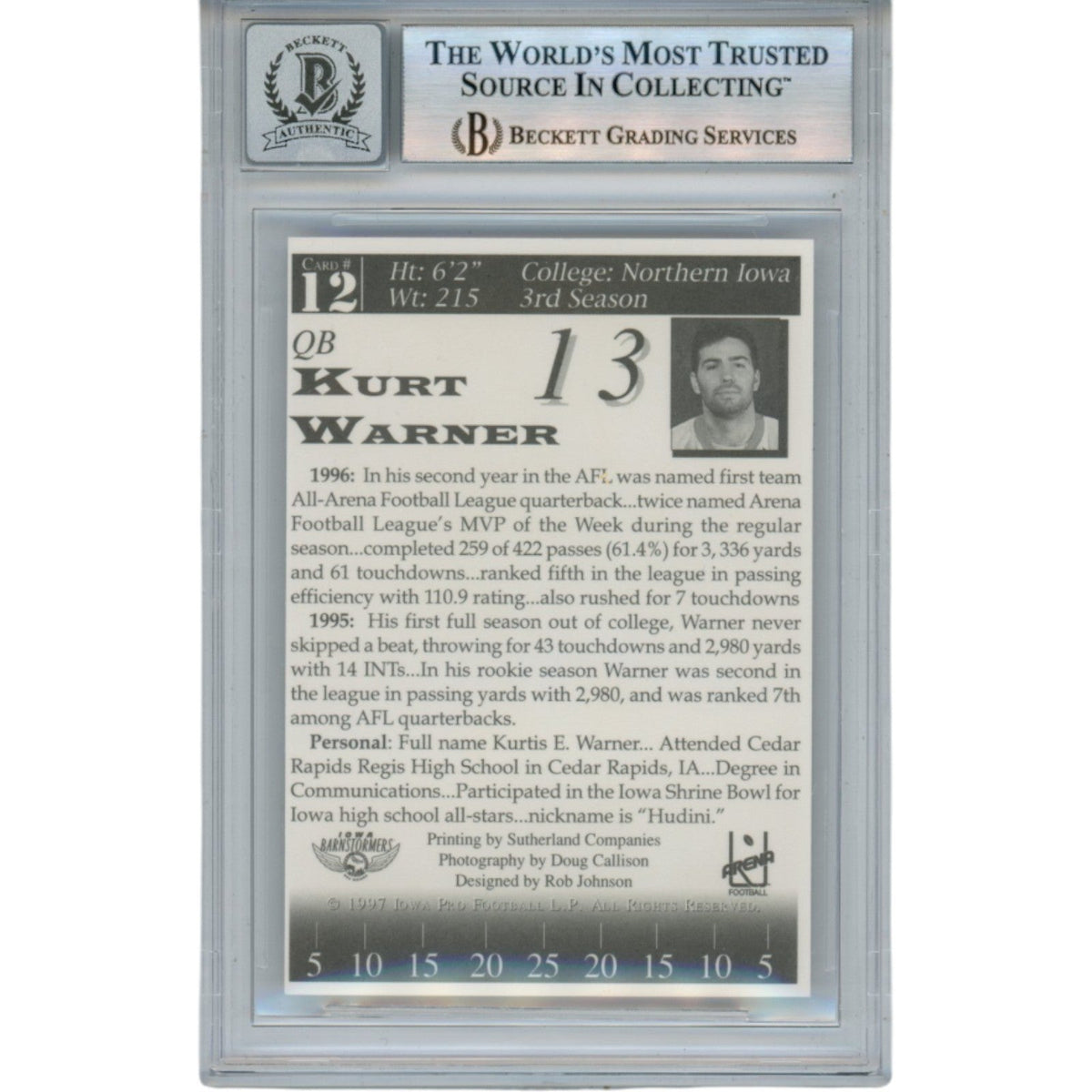 Kurt Warner Autographed 1997 Iowa Barnstormers #12 Trading Card Beckett 50107