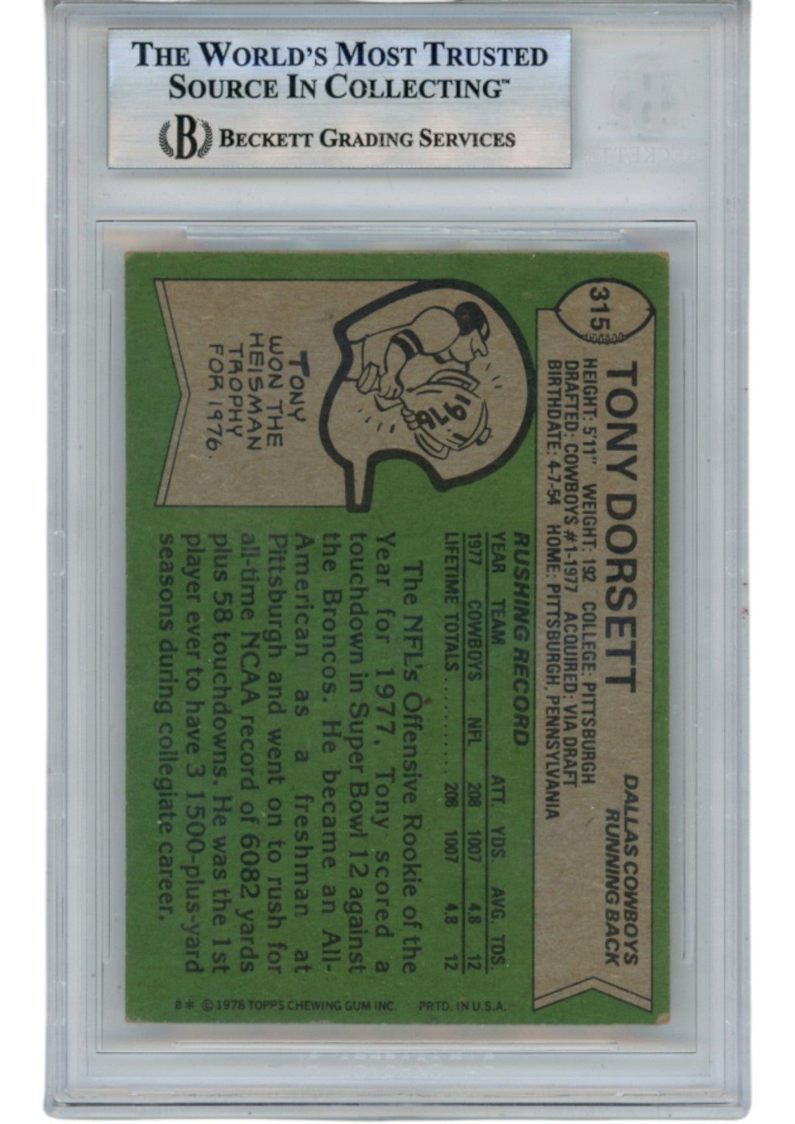 Tony Dorsett Autographed 78 Topps #315 ROY HOF Slab Trading Card Beckett 52705