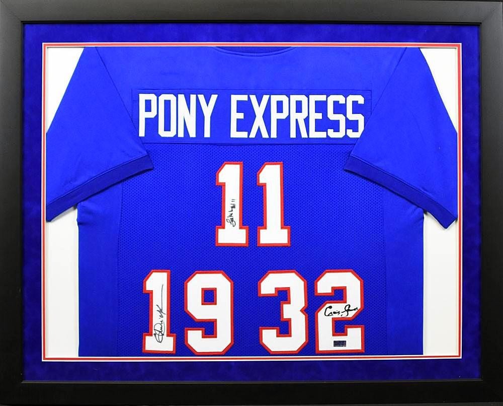 ERIC DICKERSON & CRAIG JAMES SIGNED SMU MUSTANGS PONY EXPRESS FRAMED JERSEY