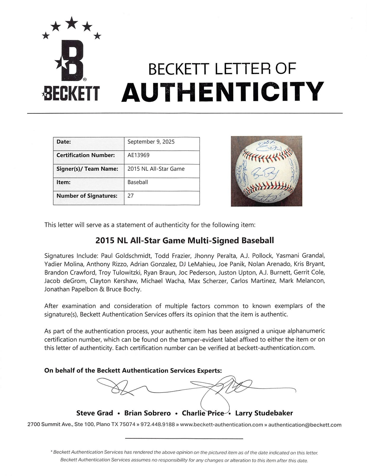 2015 NL ASG (27) Bryant, deGrom, Kershaw, Scherzer Signed Baseball BAS #AE13969