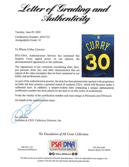 Stephen Curry signed jersey PSA/DNA Auto Grade 10 Autographed WARRIORS