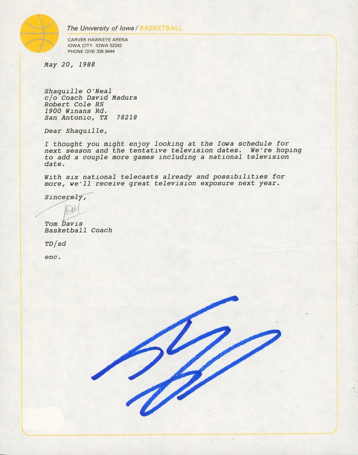 Shaquille O'Neal & Tom Davis Signed 1988 Iowa University Envelope & Letter BAS