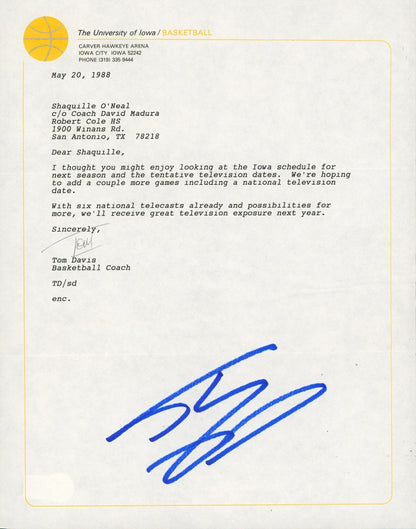 Shaquille O'Neal & Tom Davis Signed 1988 Iowa University Envelope & Letter BAS