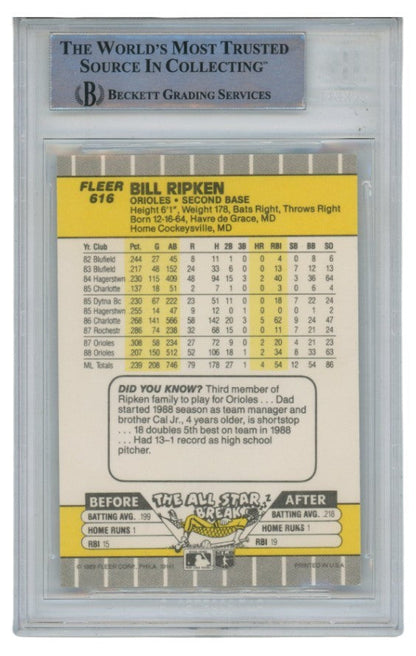 Billy Ripken Autographed 1989 Fleer #616 Error Trading Card Slab Beckett 52695
