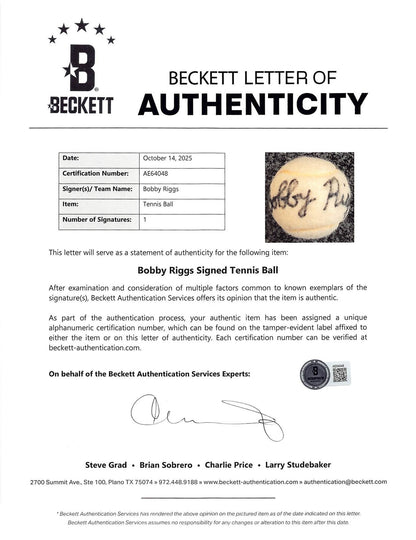 Bobby Riggs Authentic Signed Slazenger Tennis Ball Autographed BAS #AE64048