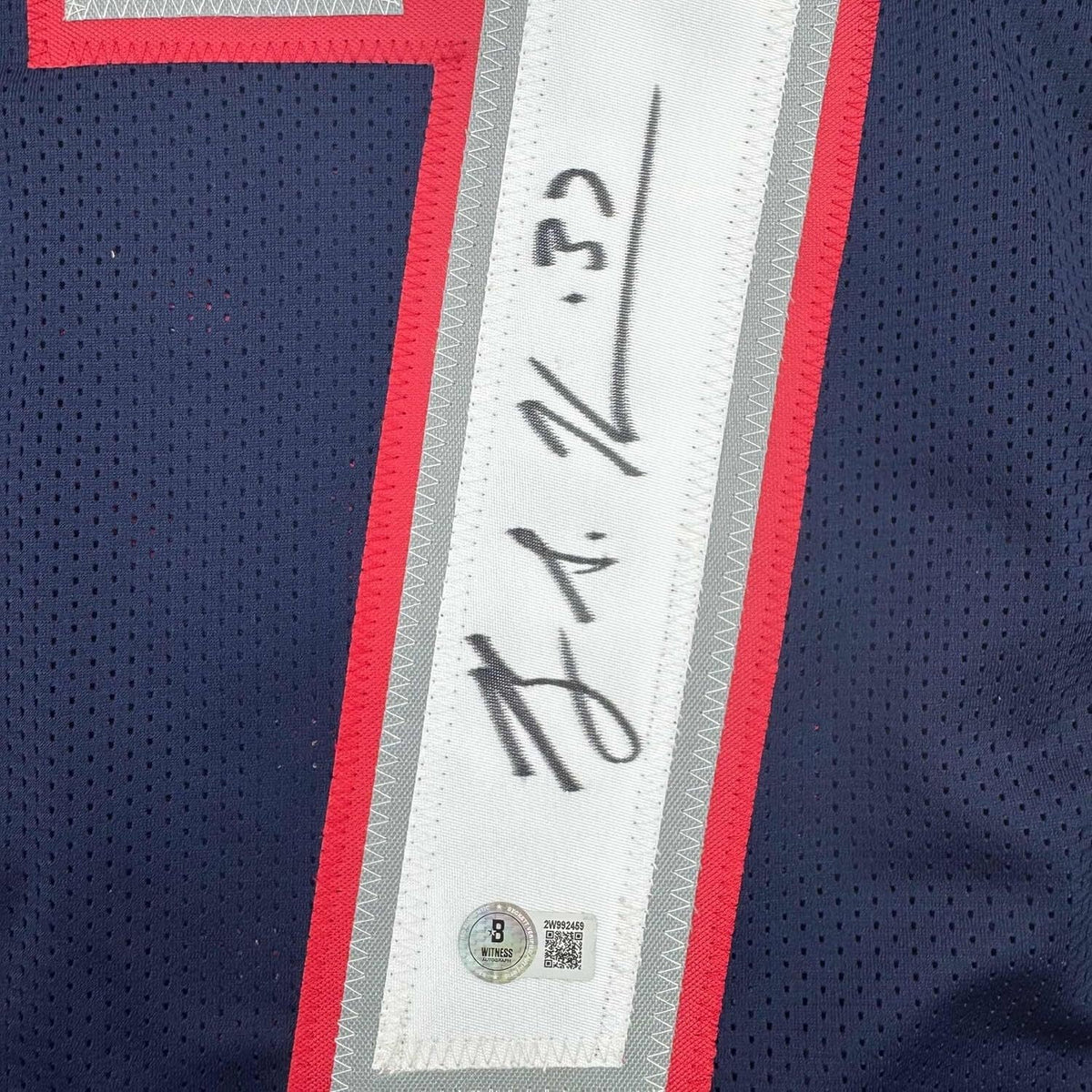 Framed Autographed/Signed Rodney Harrison 35x39 Blue Jersey Beckett BAS COA