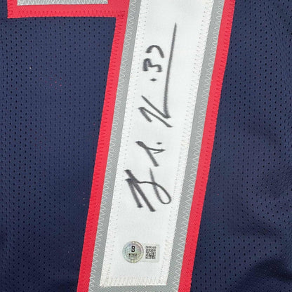 Framed Autographed/Signed Rodney Harrison 35x39 Blue Jersey Beckett BAS COA