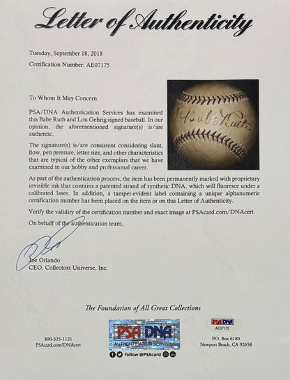 Babe Ruth Lou Gehrig New York Yankees Signed Spalding Baseball PSA AE07175