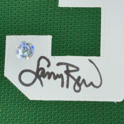 Framed Autographed/Signed Larry Bird & Magic Johnson 35x39 Dual Jersey JSA COA