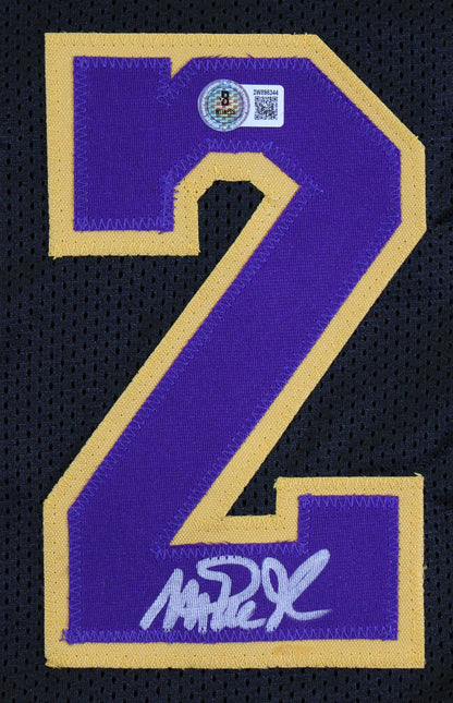 Magic Johnson Signed Black Pro Style Framed Jersey w/ Purple Numbers BAS Wit 2