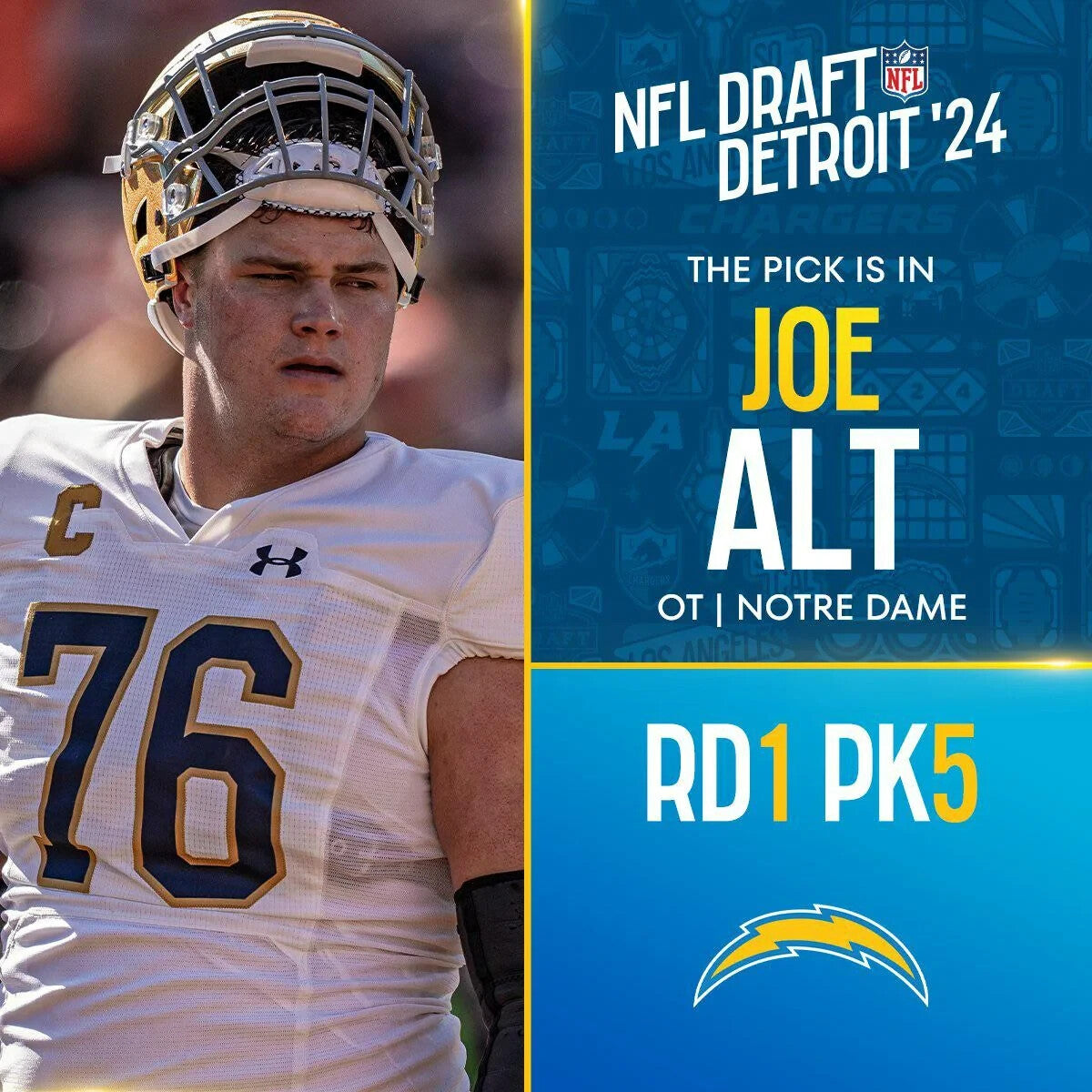 Joe Alt Signed San Diego Chargers Jersey (Beckett) 2024 #5 Overall Draft Pk / OT