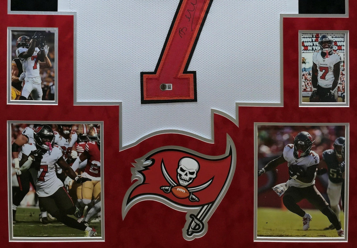 SUEDE FRAMED TAMPA BAY BUCCANEERS BUCKY IRVING AUTOGRAPHED JERSEY BECKETT HOLO