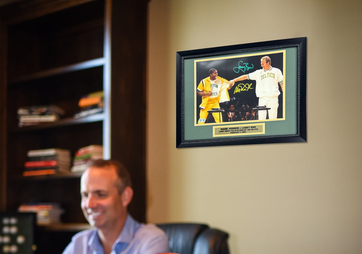 Magic Johnson & Larry Bird Autographed Retirement Framed 11x14 Photo Beckett COA