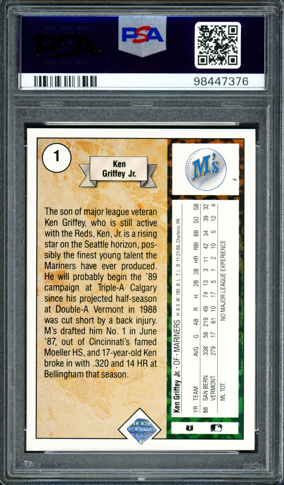 Ken Griffey Jr. Signed 1989 Upper Deck RC 1 Seattle Mariners PSA/DNA