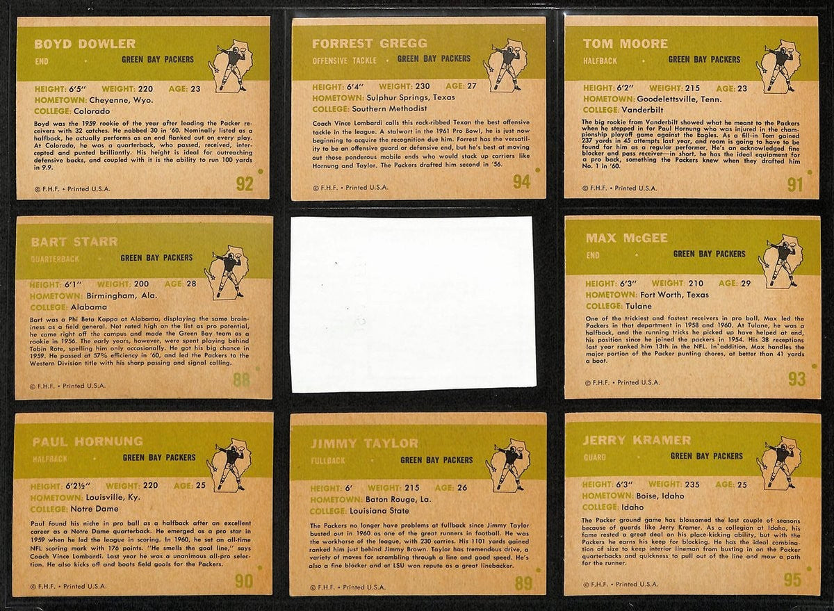 1961 FLEER Football Cards Green Bay Packers Complete Team Set (10) 200313