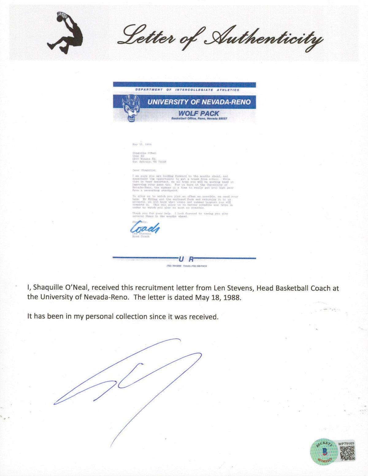 Shaquille O'Neal Signed 1988 Uni. Nevada-Reno Recruitment Envelope & Letter BAS
