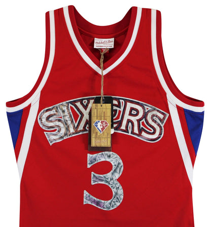 76ers Allen Iverson Signed Red 75th Ann. M&N 1996-97 HWC Swingman Jersey BAS Wit