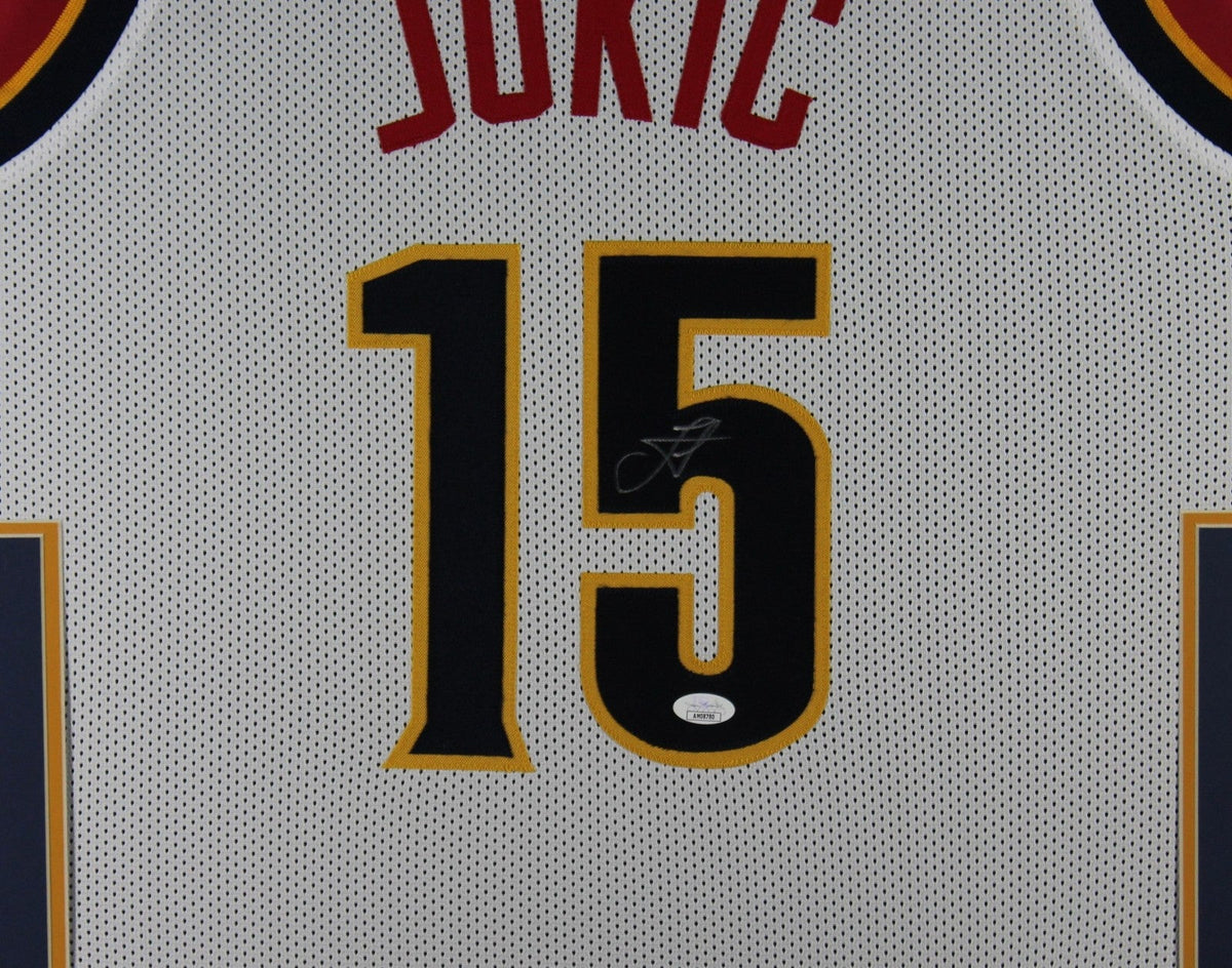 Nikola Jokic Autographed Pro Style White XL Framed Jersey 35x43 Beckett 51222