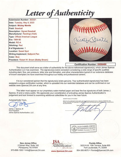 Yankees Mickey Mantle Authentic Signed Bobby Brown OAL Baseball JSA #XX88480