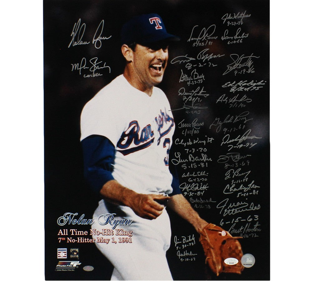 N Ryan, G Perry, J Palmer Multi-Signed TX Rangers Unframed 16x20 Photo - 27 sigs