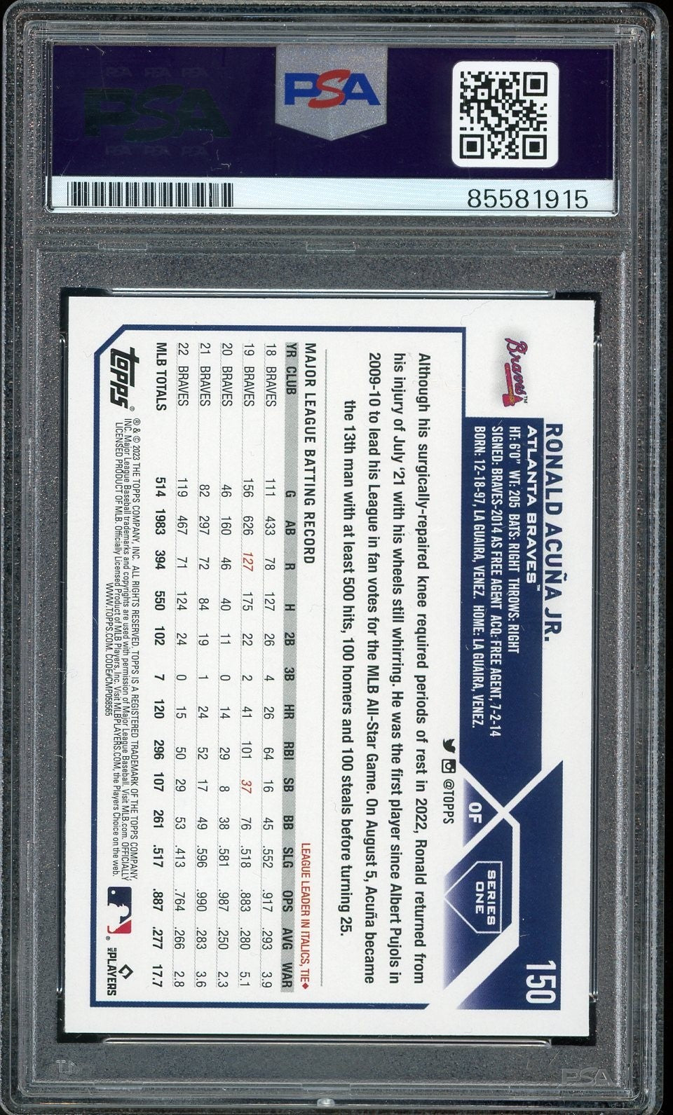 2023 Topps #150 Ronald Acuna Jr. 2023 NL MVP Inscribed PSA/DNA Auto GEM MINT 10