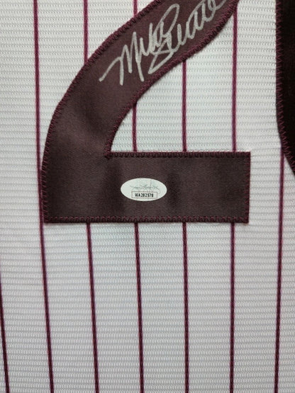 SUEDE FRAMED PHILADELPHIA PHILLIES MIKE SCHMIDT AUTOGRAPHED JERSEY BECKETT HOLO