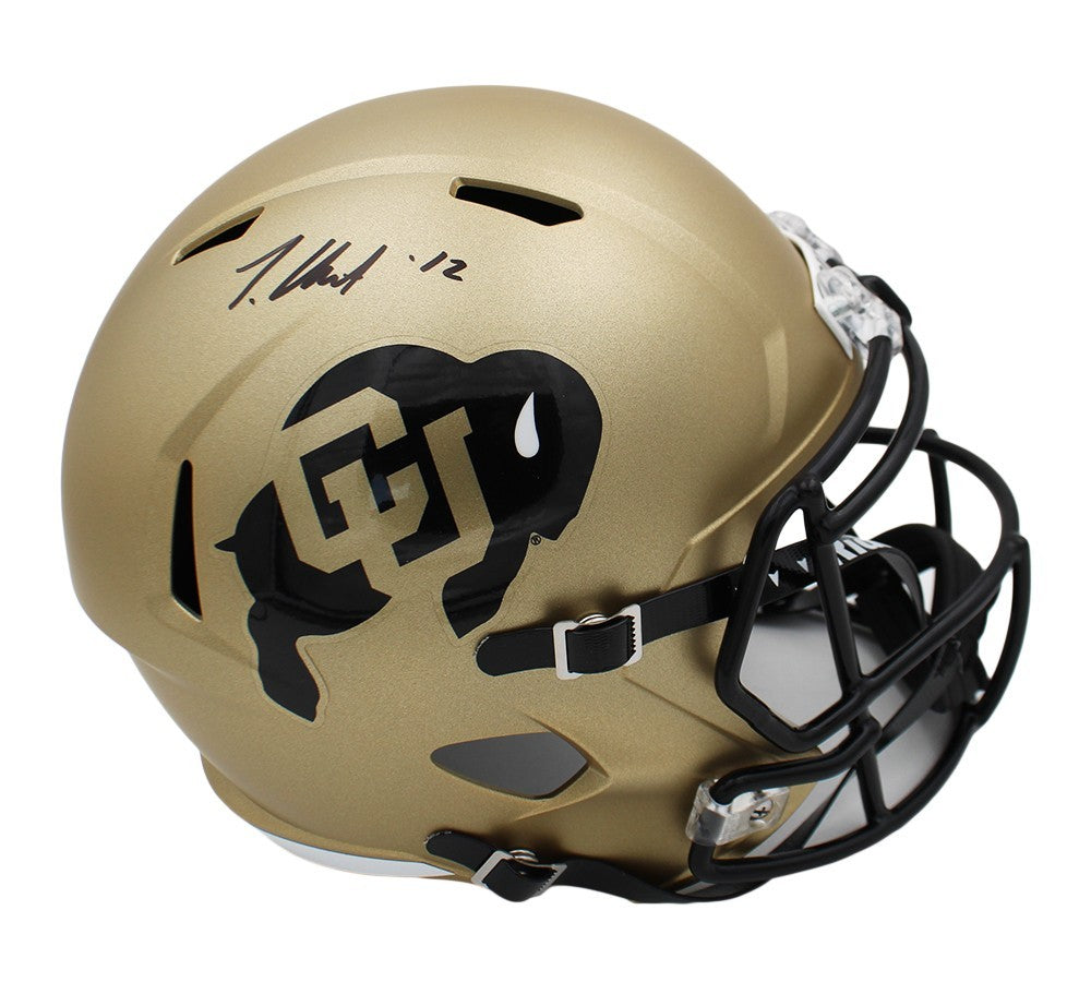 Travis Hunter Signed Colorado Buffaloes Speed Full Size Gold NCAA Helmet