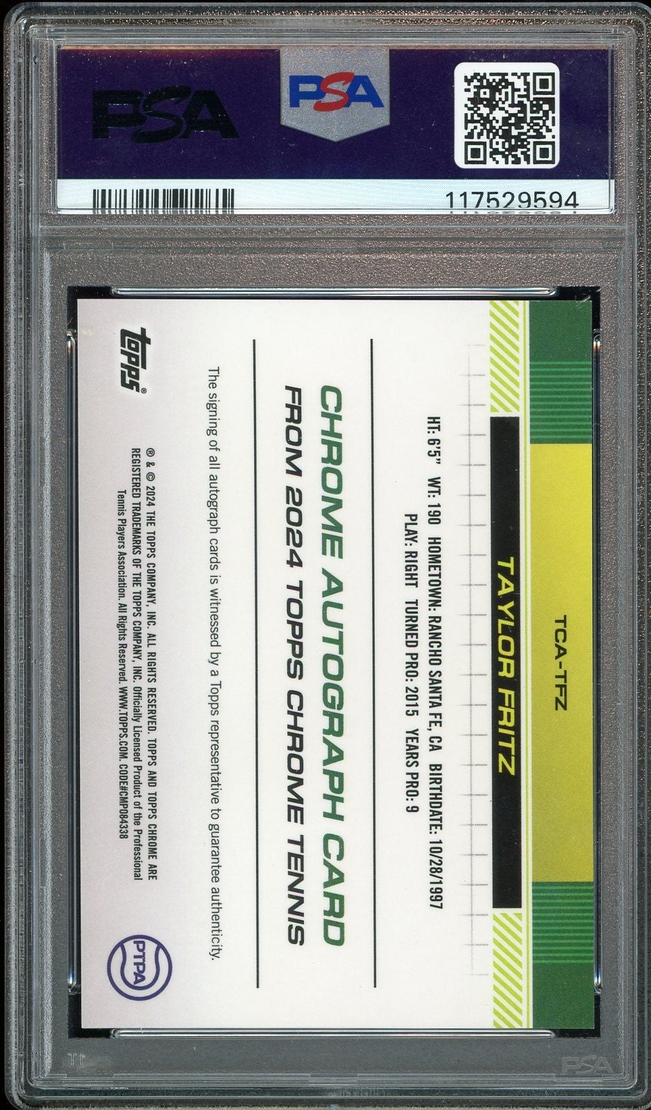 2024 Topps Chrome Sapphire Tennis #TFZ Taylor Fritz Auto PSA 10 GEM MINT