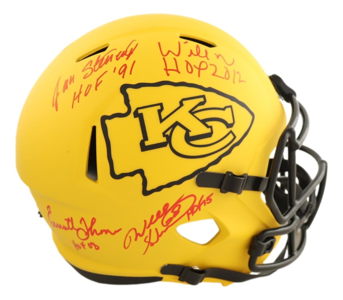 Stenerud Roaf Shields Thomas Signed Chiefs FS Rave Speed Replica Helmet JSA QR