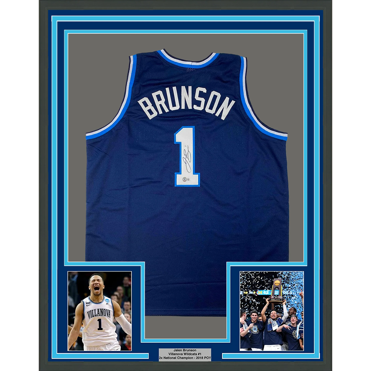 Framed Autographed/Signed Jalen Brunson 33x42 Villanova Blue Jersey BAS COA