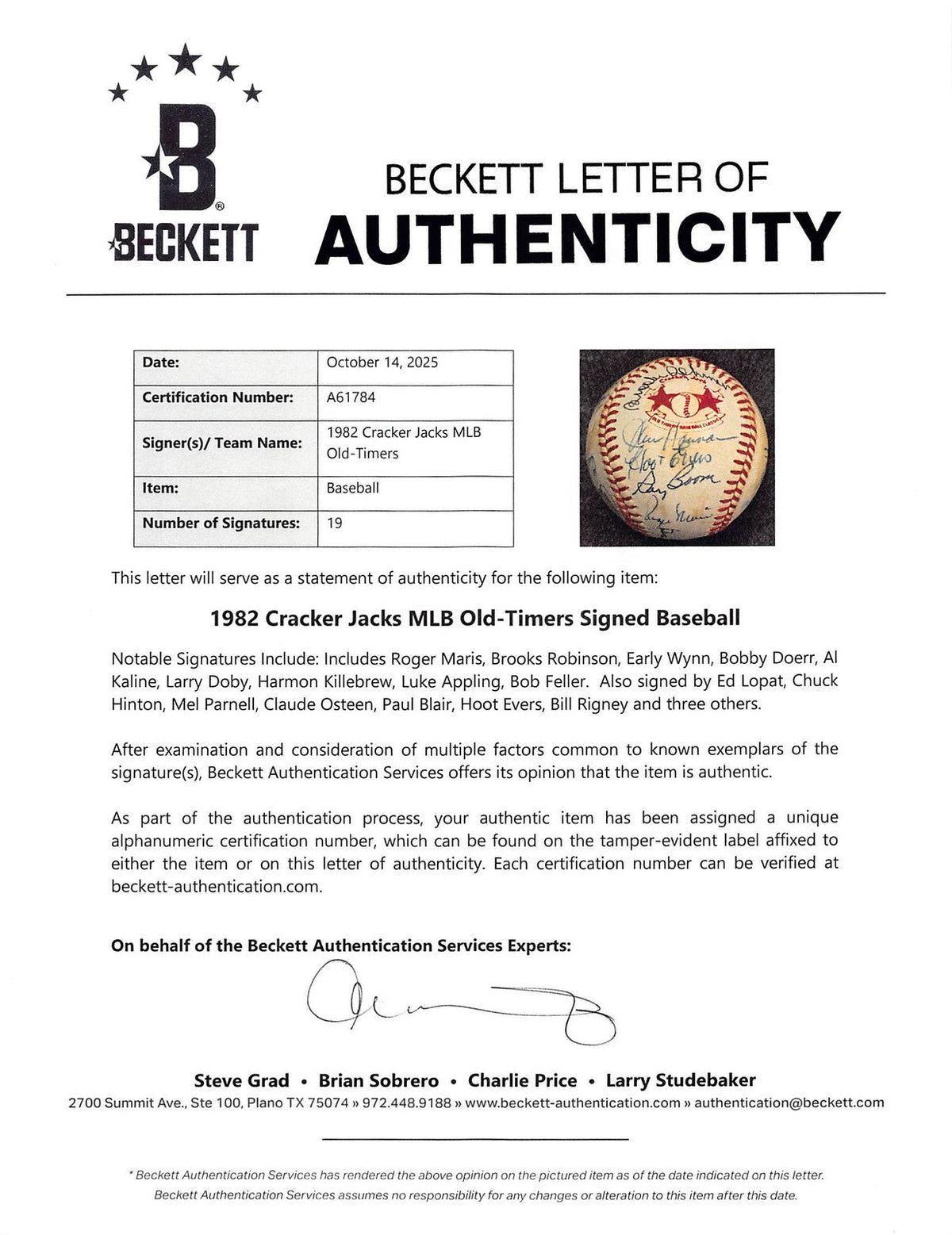 1982 Cracker Jacks (19) Maris, Robinson, Killebrew Signed Baseball BAS #A61784