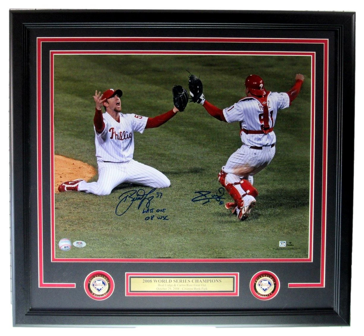 Brad Lidge/Carlos Ruiz Phillies Signed 16x20 Photo 2008 World Series Framed PSA