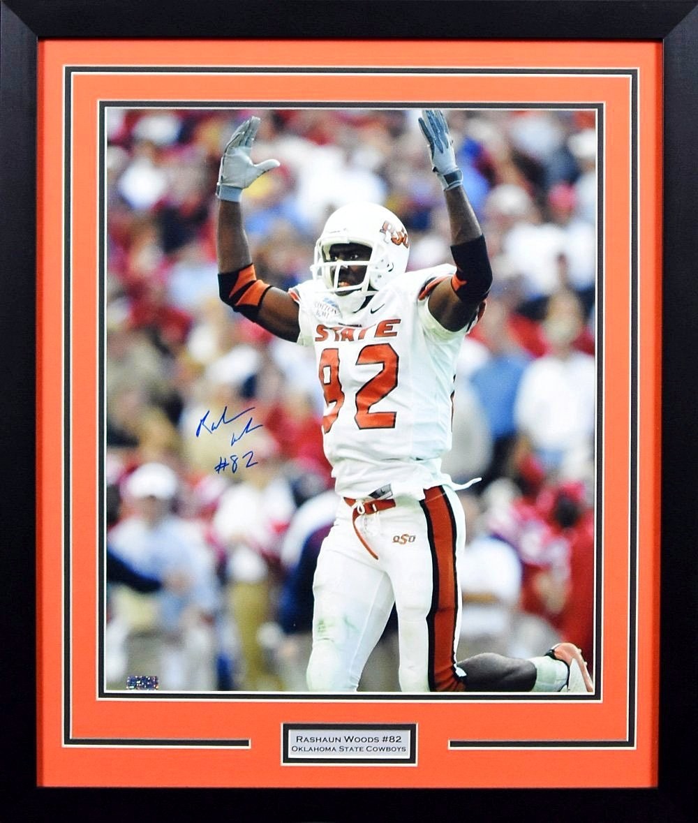 RASHAUN WOODS SIGNED OKLAHOMA STATE COWBOYS 16x20 FRAMED PHOTO COA