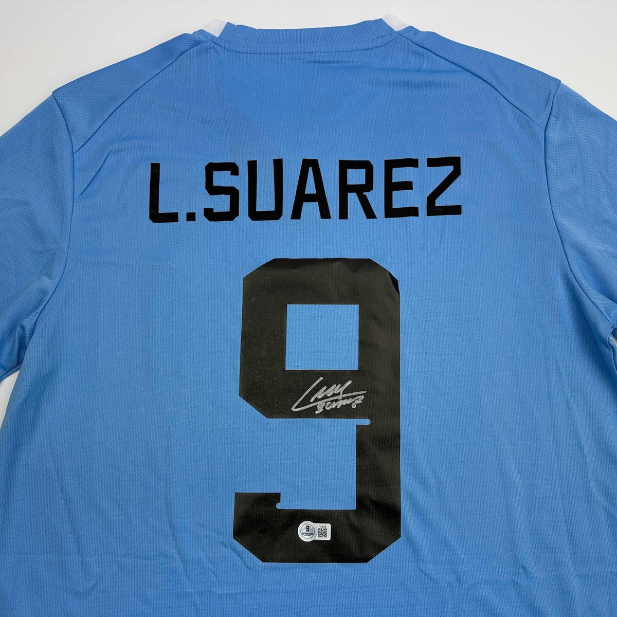 Autographed/Signed Luis Suarez Uruguay Blue Soccer Jersey Beckett BAS COA