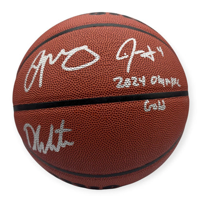 Jayson Tatum, White & Holiday Autographed Basketball 2024 Olympic Gold Inscribed