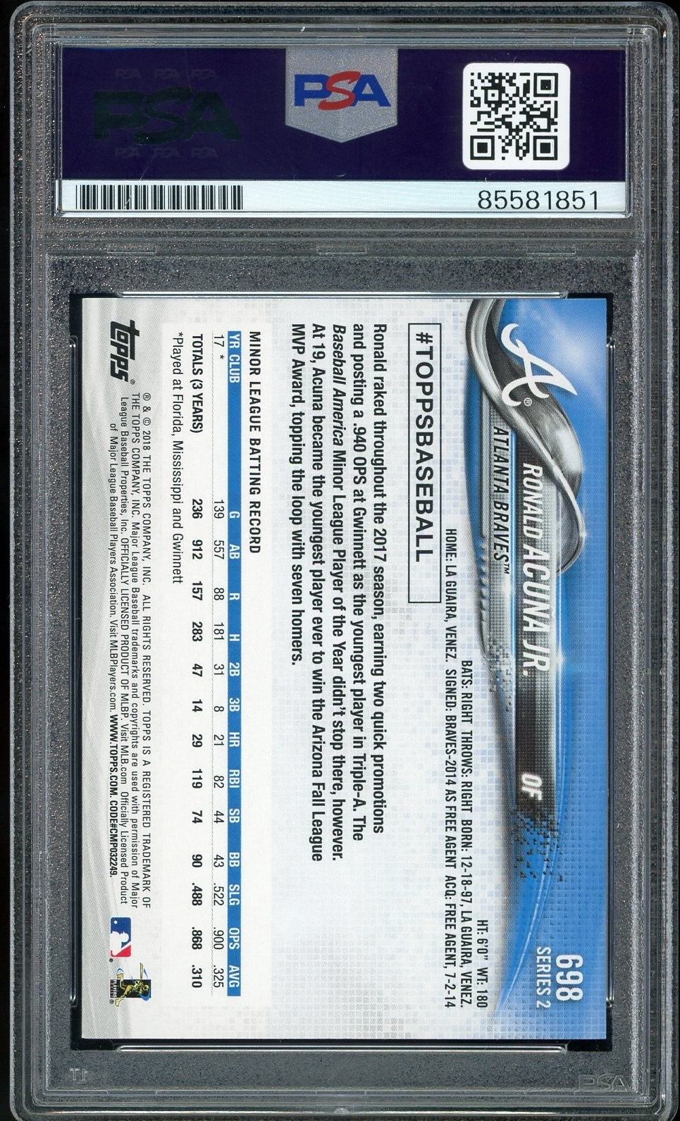 2018 Topps #698 Ronald Acuna Jr. RC 2023 NL MVP Insc PSA/DNA Auto GEM MINT 10